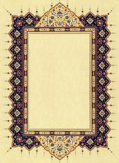 an ornate frame with blue and yellow designs on the edges, in front of a beige background