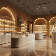 the interior of a cosmetics store with shelves and counter tops on both sides, lighted by round lights