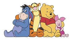 winnie the pooh and friends sitting next to each other with their arms around each other