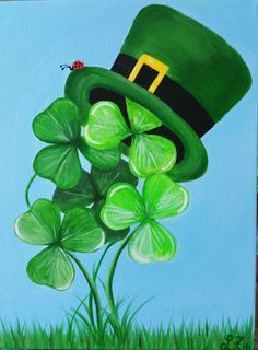 a painting of a green hat and clovers