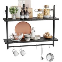 two shelves with pots, pans and other kitchen utensils on top of them