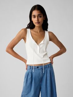 Gap × DÔEN Pointelle Tank Top | Gap White Tank Tops, Eyelet Shirt, Woman Vest, Toddler Summer, Winter Skirt, Vest White, Deep Love, Sleeveless Vest, Summer Clothes