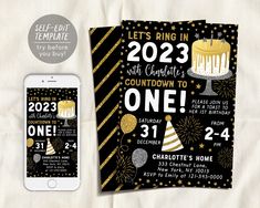 a black and gold new year's eve party card with an iphone next to it