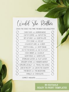 a printable wedding checklist with greenery on the side and green leaves around it