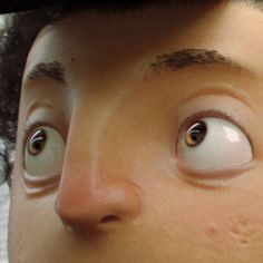 a close up of a man's face with googly eyes