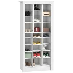 a white bookcase with several shelves and shoes on it's bottom tiers