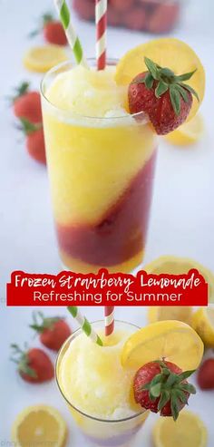 two glasses filled with lemonade and strawberries