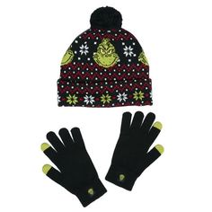 OFFICIALLY LICENSED DR. SEUSS GRINCH KNIT HAT AND GLOVE SET  This adult-sized beanie hat and glove set features the iconic Grinch from Dr. Seuss's "How the Grinch Stole Christmas".  HIGH-QUALITY ACRYLIC FABRIC  Made from durable and warm acrylic knit, this set is designed to keep you cozy in cold weather. Featuring a fair isle print of Grinch with snowflakes and a pom-pom on top.  TOUCHSCREEN GLOVES  The gloves come with conductive material on the tips of the index fingers and thumbs, allowing y Grinch Beanie, Dr Seuss Grinch, The Grinch Stole Christmas, Knit Christmas, Grinch Stole Christmas, Touch Screen Gloves, The Grinch, Acrylic Fabric, Christmas Settings