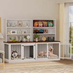 a dog is sitting in his kennel and looking out the window