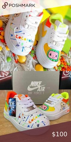 CoComelon Nike Air Force 1 Design Printed Design Coco Melon Shoes, Cocomelon Air Force Ones, Cocomelon Souvenir Ideas, Two Year Old Cocomelon Birthday, Cocomelon Birthday Party Favors, Cocomelon Party Ideas For Girl 1st, Coco Melon Birthday Party Boy, Cocomelon 2nd Birthday Party, Cocomelon Party Ideas For Girl