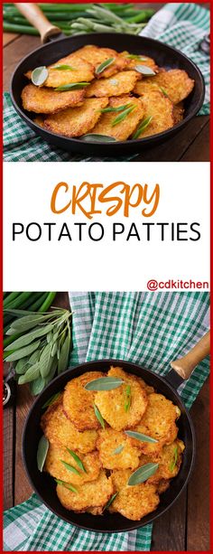 two pictures of potato patties in a skillet on a table with green leaves