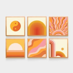 four abstract paintings in different shades of orange, pink, yellow and white on a wall