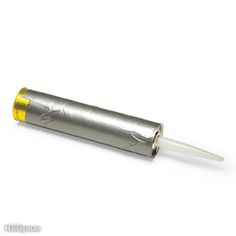 a silver and yellow lighter on a white background