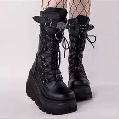 Womens Gothic Lace Up Ladies Platform Boots Buckle Strap Punk Goth Boot Shoes.  "This pin contains affiliate links, which means I may earn a commission at no cost to you extra for you". 
 #affiliate #advertising" Gothic Boots Women, High Platform Boots, Goth Shoes, Womens High Boots, Gothic Boots, Punk Shoes, Gothic Shoes, High Heel Wedges, Cosplay Shoes