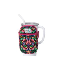 Swig Life Caliente Neoprene Mega Mug Pouch with Zipper on a White 40oz Mega Mug Mega Mug, Otomi Embroidery, Solid Black Background, Keychain Wallet, Zippered Pouch, Linen Spray, Star Spangled, Handbag Charms, Cute Cups