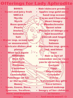 a poster with the words offerings for lady aphrodite written in different languages