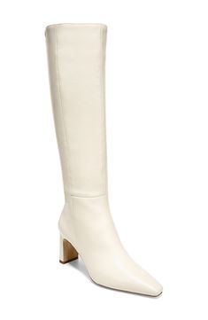 Soft leather brings timeless style to a knee-high boot designed with a squared toe and sleek heel. 2 3/4" heel (size 8.5) 16 1/2" shaft; 14 1/2" regular calf circumference 16 1/2" shaft; 16" wide calf circumference Leather upper/synthetic lining/rubber sole Imported Tall White Boots, Tall Dress, Tall Dresses, Dress Boots, White Boots, Wide Calf, Designer Boots, Dress With Boots, Contemporary Fashion