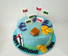 a birthday cake with the words buy sell and some items on it for someone's special day