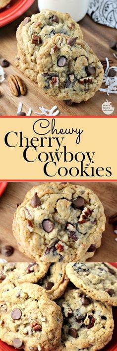 chewy cherry cowboy cookies with chocolate chips and pecans in the middle on a red plate