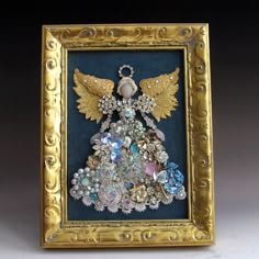 Jeweled Victorian Angel in Frame Custom Order Contact | Etsy Jeweled Picture Frame, Jeweled Picture, Old Jewelry Crafts, Costume Jewelry Crafts, Jewel Frames, Jeweled Christmas Trees, Victorian Angels, Vintage Jewelry Ideas, Jewelry Frames