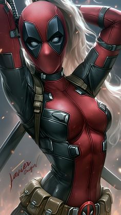 a woman dressed as deadpool is holding two swords in one hand and her right arm behind her head