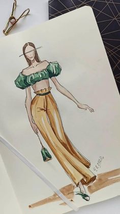 a drawing of a woman in a green top and yellow pants