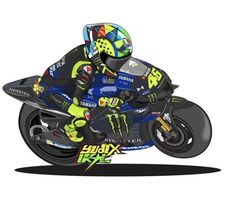 a man riding on the back of a blue and green motorcycle with monster logos on it