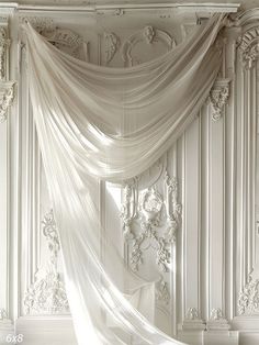 Elegant White Classical Panel Backdrop with Sheer Fabric - Luxurious white backdrop featuring tall Elegant White Curtains, Pearls Backdrop, Bridal Mood Board, Wedding Aesthetic Decor, Bridal Background, Elegant Wedding Backdrop, Sheer Aesthetic, Ceremony Alter, Velvet Backdrop