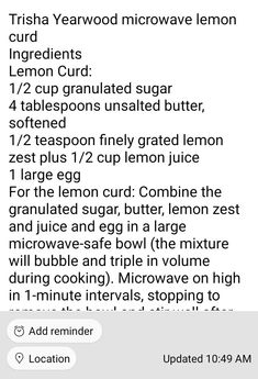 the recipe for lemon curd is shown in this screenshoto photo, with text below it