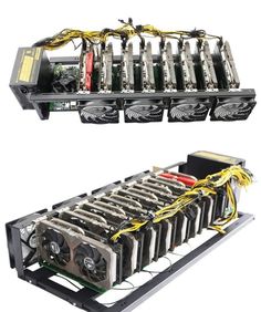 two different views of the inside of a computer motherboard with wires attached to it