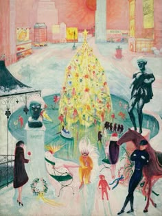 a painting of people and a christmas tree