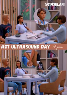 two people sitting at a table talking to each other and the text reads, 27 ultrasound day