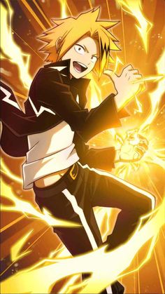 an anime character with yellow hair and black pants, standing in front of a blazing background