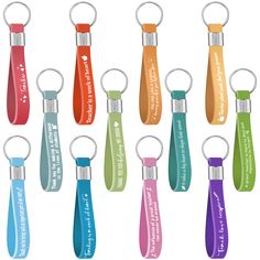 six different colored bottle shaped keychains with the words, i love you to the bottom