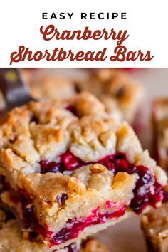 cranberry shortbread bars stacked on top of each other with text overlay