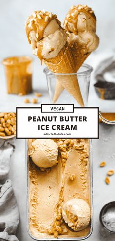 two scoops of peanut butter ice cream on top of each other with peanuts in the background