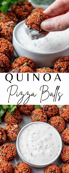 a hand dipping some food into a bowl with ranch dressing on it and the words quinoa pizza balls