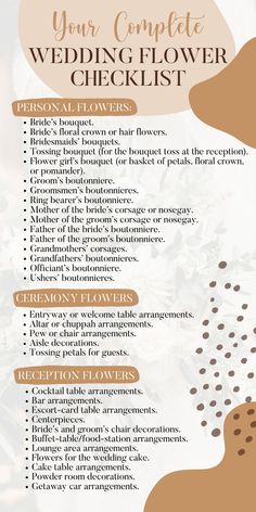 Flower checklist for wedding flower arrangements List Of Wedding Flowers Needed, How To Save For A Wedding, How To Diy Wedding Flowers, Backyard Wedding Checklist, Wedding Flower Checklist, Wedding Decor Checklist, Wedding Ceremony Checklist, Wedding Planning Checklist Detailed, Mother Of Bride Corsage