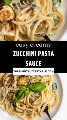 an easy creamy zucchini pasta sauce with spinach and artichokes