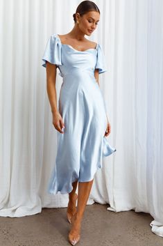 Grayson Tied Back Asymmetrical Midi Dress Steel Blue Blue Dress Midi, Steel Blue Dress, Asymmetrical Midi Dress, Angel Sleeves, Blue Cocktails, Blue Bridesmaid Dresses, Blue Bridesmaids, Iron Material, Cowl Neckline