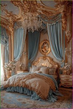 an ornate bedroom with blue drapes and gold bedding, chandelier and mirror on the wall