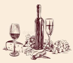 wine, cheese and grapes on the table royalty illustration