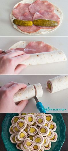 the process for making an appetizer is shown in three different stages, including roll up