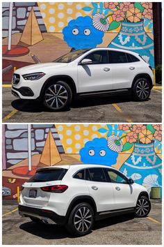 two pictures of a white car parked in front of a colorful wall