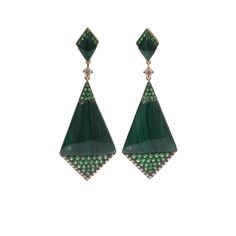 Malachite Shield Earrings From Wendy Yue 2.313" Length And 0.813" Width Push Post Back Closure Malachite (25.11 CTW), Tsavorite (1.61 CTW), Cognac (0.67 CTW) Available In 18K Yellow Gold Wendy Yue Jewelry, Mens Diamond Jewelry, Glitter Jewelry, Winter Jewelry, 18k Gold Earrings, Jewelry Post, 18k Gold Jewelry, Emerald Earrings, Earring Jewelry