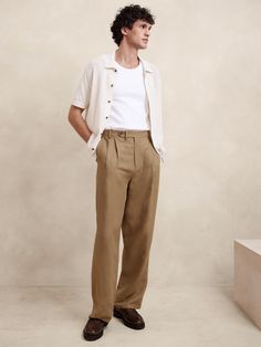 Academia Summer Outfit, Trousers Outfit Men, Mens Linen Outfits, Linen Pants Outfit, Pants Outfit Men, Linen Blend Pants, Mens Outfit Inspiration, Mens Linen, How To Hem Pants