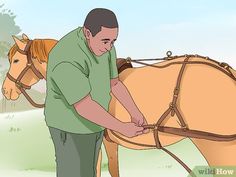 a man is holding the bridle of a horse that he has attached to