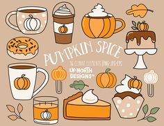 pumpkin spice clipart set with coffee, pies and other items for the fall season