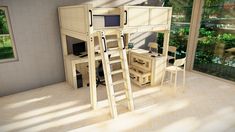 a loft bed with desk and ladder to the top is made out of plywood