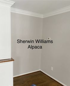 an empty room with the words shewin williams's alpaca on it